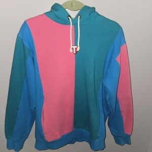Teddy Fresh Colorblock Hoodie Pink Teal Blue Size L Retro Pullover With Pockets